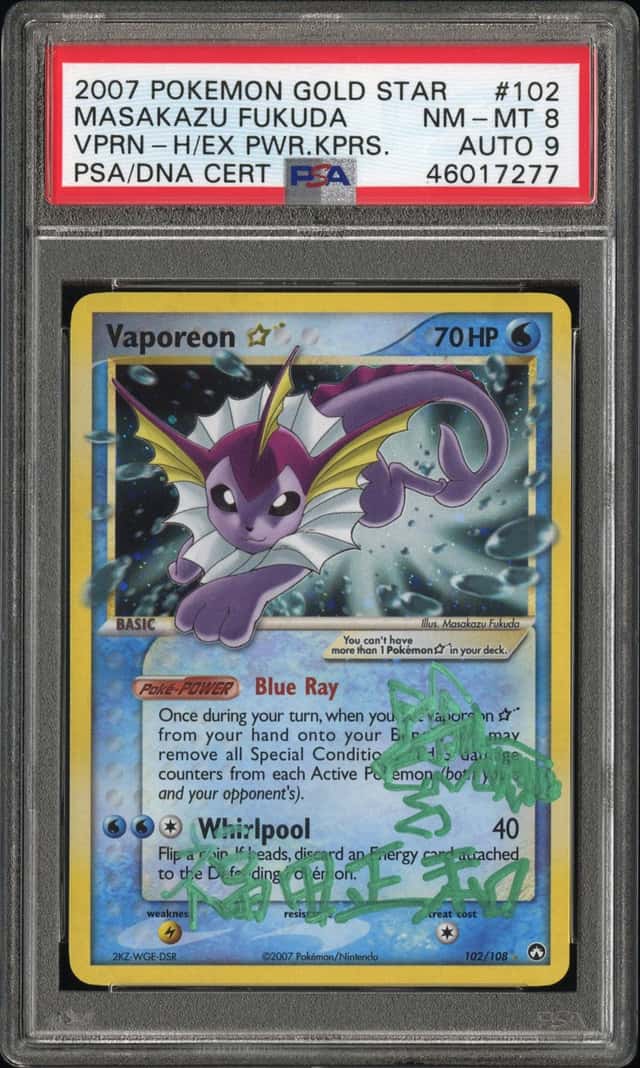 2007 Pokemon EX Power Keepers Gold Star Holo #102 Vaporeon Signed by Masakazu Fukuda - PSA NM-MT 8, PSA/DNA MINT 9