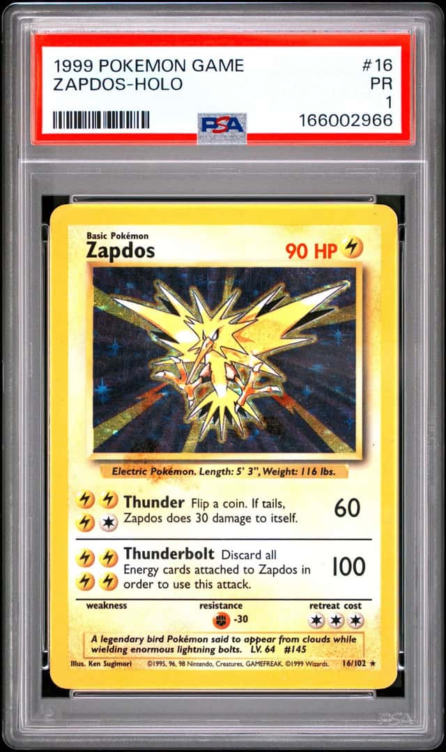 1999 POKEMON BASE SET UNLIMITED #16 ZAPDOS-HOLO PSA 1