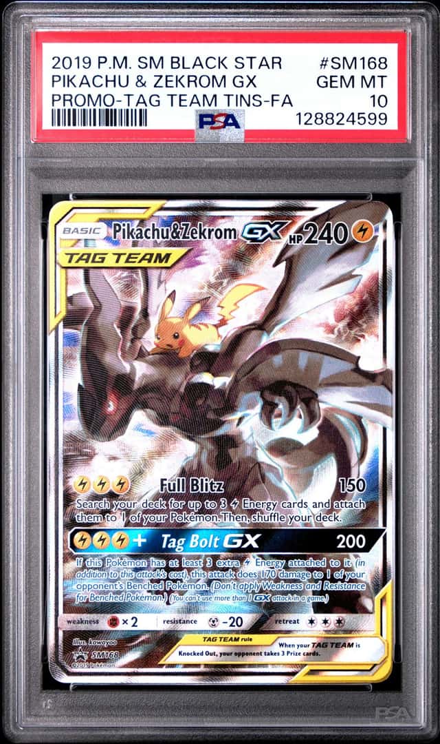 2019 Pokemon SM BSP Tag Team Tins #SM168 FA Pikachu & Zekrom GX PSA 10 GEM MINT