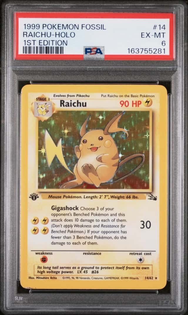 1999 POKEMON FOSSIL 1ST EDITION #14 RAICHU-HOLO PSA 6