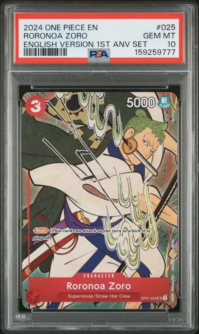 2024 ONE PIECE ENGLISH VERSION 1ST ANNIVERSARY SET #025 RORONOA ZORO PSA 10