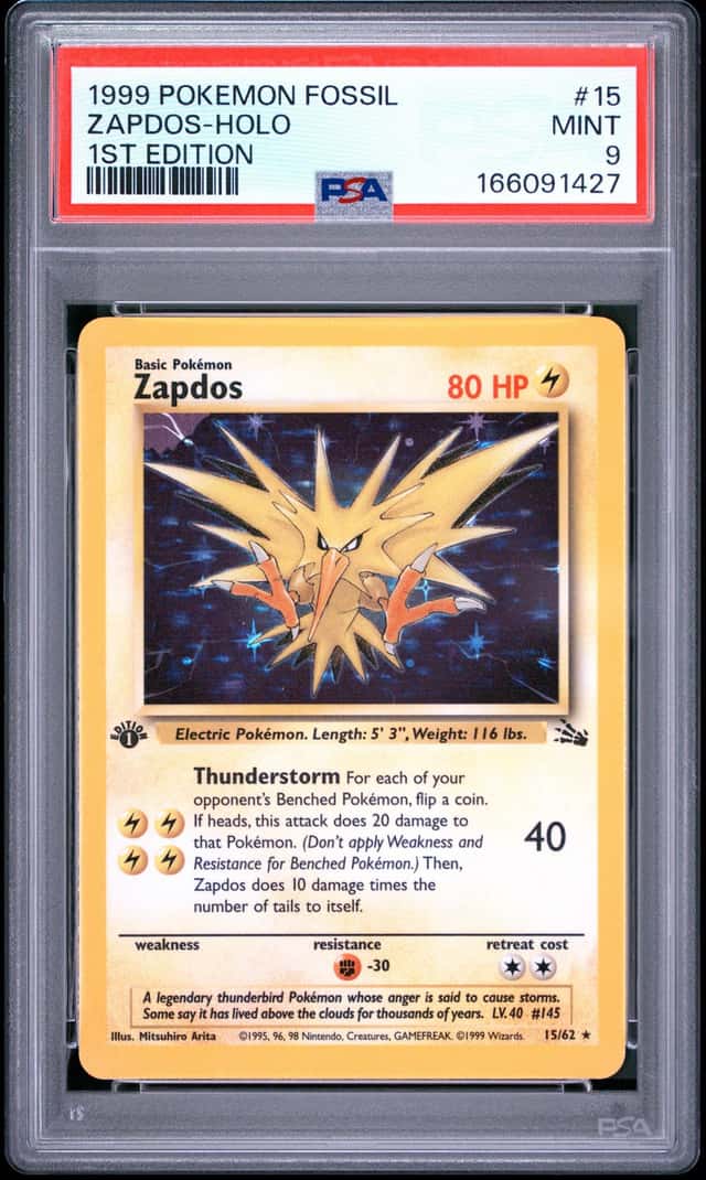 1999 POKEMON FOSSIL #15 ZAPDOS-HOLO 1ST EDITION PSA 9 MINT