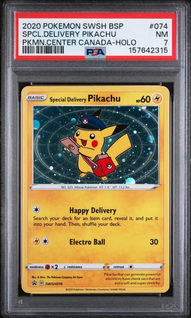 Pokemon Special Delivery Pikachu Holo Swsh Promo 074 P.M. Center Canada PSA 7