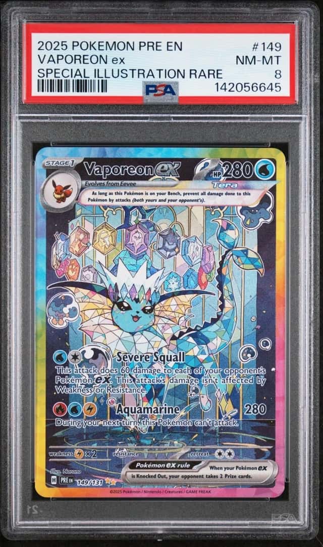 2025 POKEMON PRISMATIC EVOLUTIONS SPECIAL ILLUSTRATION RARE VAPOREON EX PSA 8