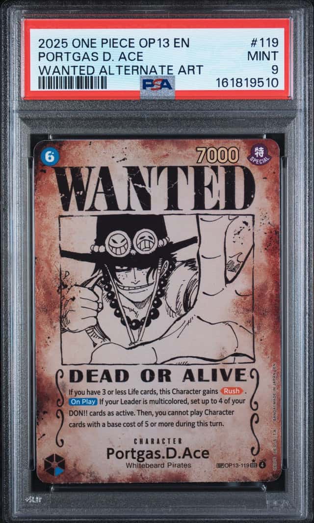 Bandai 2025 One Piece OP13 Portgas D. Ace Wanted Alt Art Foil #119 PSA 9