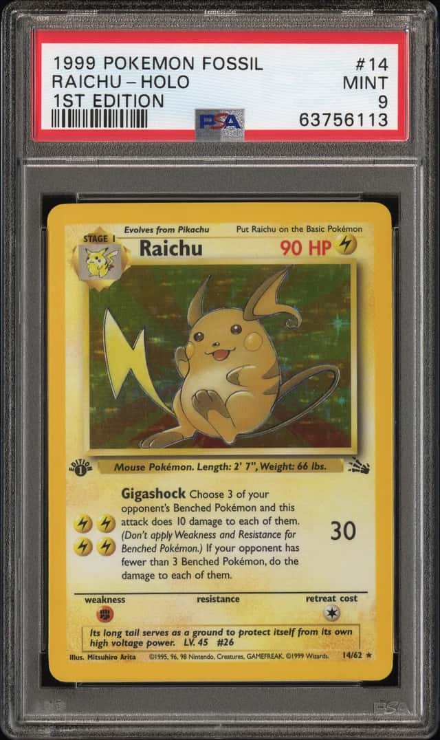 Pokemon Raichu 1999 First Edition 14/62 Fossil Holo PSA 9