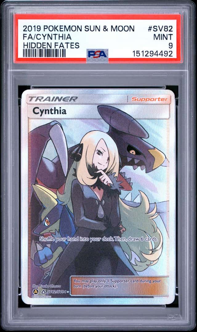2019 POKEMON SUN & MOON HIDDEN FATES #SV82 FULL ART/CYNTHIA PSA 9