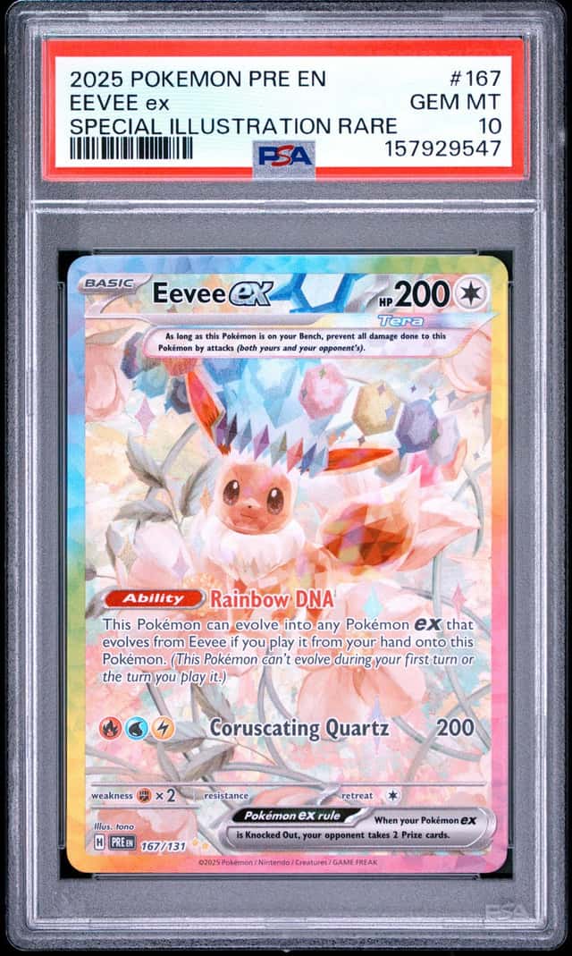2025 POKEMON PRISMATIC EVOLUTIONS SPECIAL ILLUSTRATION RARE #167 EEVEE EX PSA 10