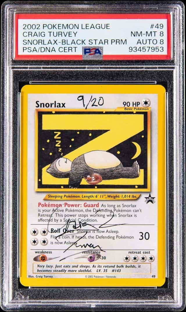 2002 Pokemon League Black Star Promo #49 Snorlax, Signed by Craig Turvey - PSA NM-MT 8, PSA/DNA NM-MT 8