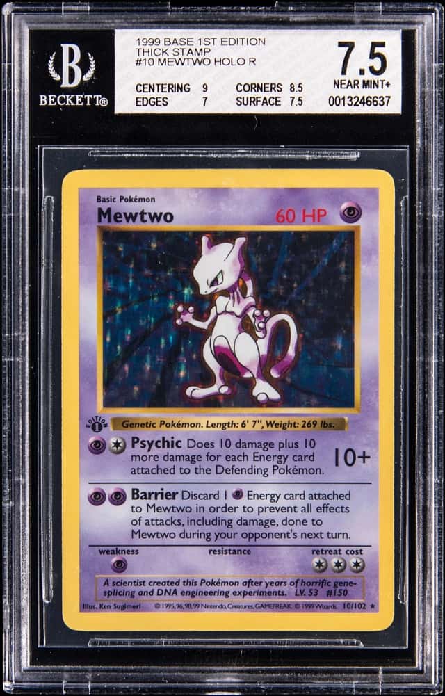 1999 Pokemon Base Set 1st Edition Thick Stamp Shadowless Rare Holo #10 Mewtwo - BGS NEAR MINT+ 7.5