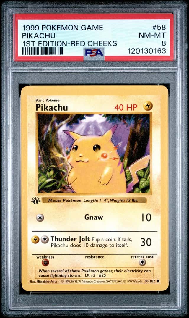 POKEMON BASE SET SHADOWLESS PIKACHU 1999 GAME #58 1ST EDITION-RED CHEEKS PSA 8