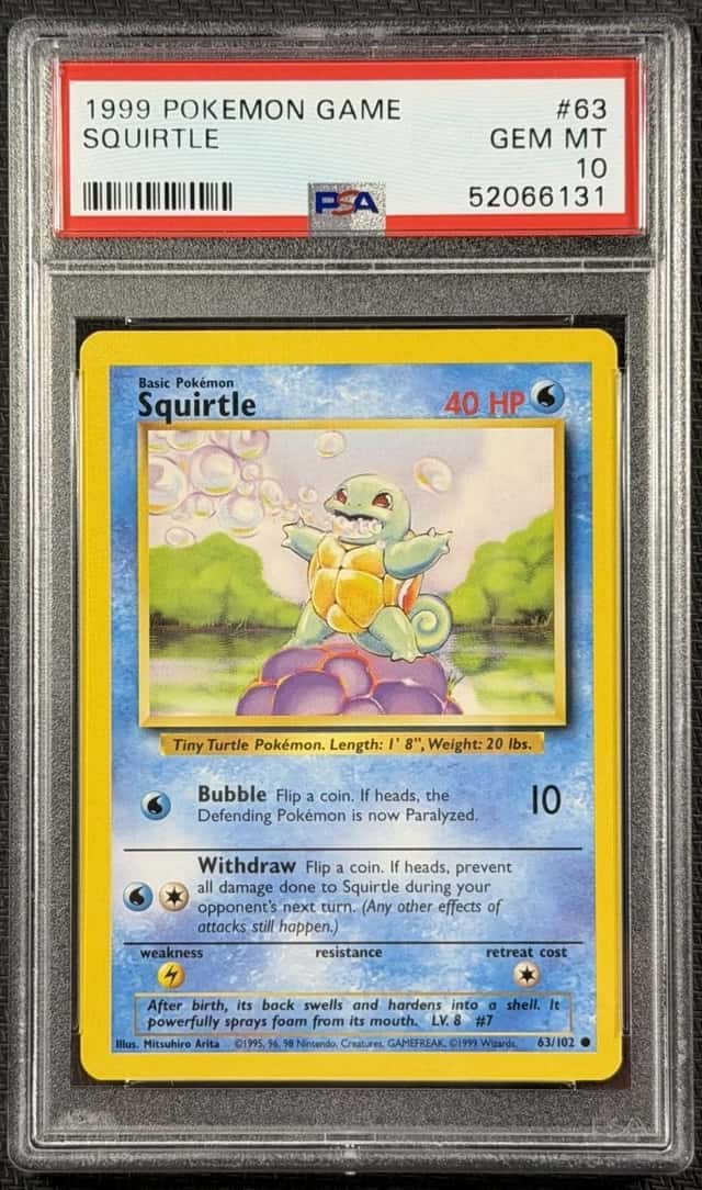 Pokemon Cards PSA 10 GEM MT Squirtle Base Set Unlimited WotC 1999 63/102