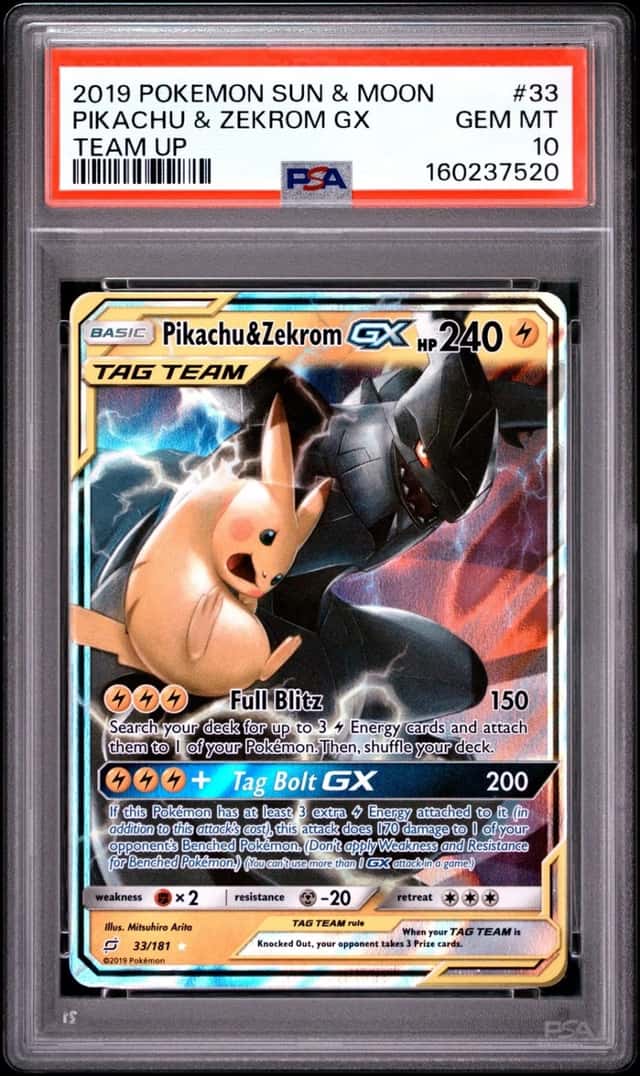 2019 POKEMON SUN & MOON TEAM UP #33 PIKACHU & ZEKROM GX PSA 10