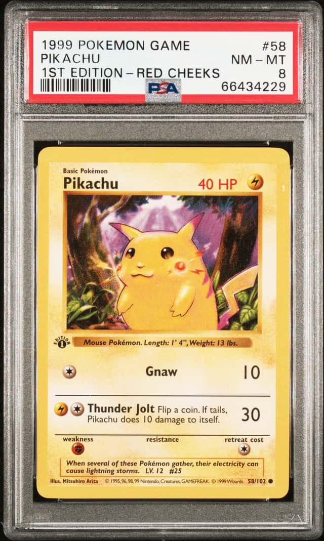 POKEMON BASE SET SHADOWLESS PIKACHU 1999 GAME #58 1ST EDITION-RED CHEEKS PSA 8