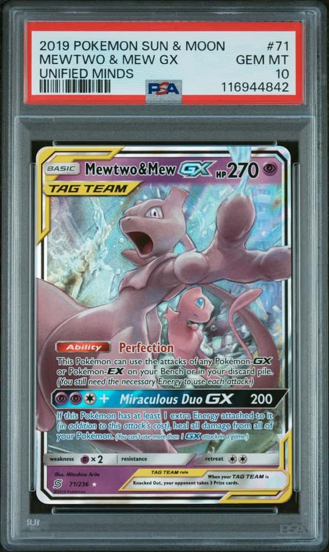 2019 POKEMON UNIFIED MINDS ULTRA RARE TAG TEAM MEWTWO & MEW GX 71/236 PSA 10