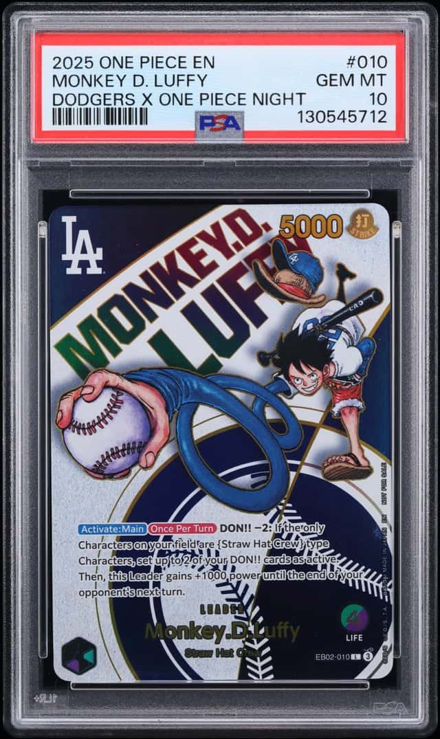 2025 One Piece Promo Dodgers X Night Alt Art Leader Monkey D. Luffy #EB02-010 PSA 10 GEM MINT