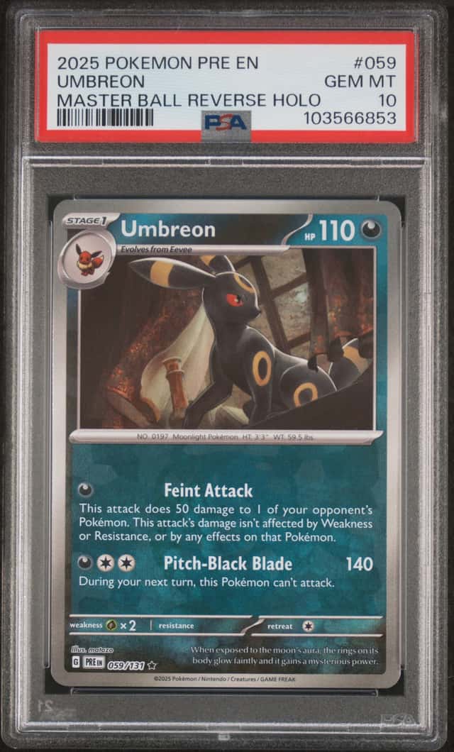 Pokemon 2025 Umbreon 059 Master Ball Reverse Holo Prismatic Evolutions PSA 10