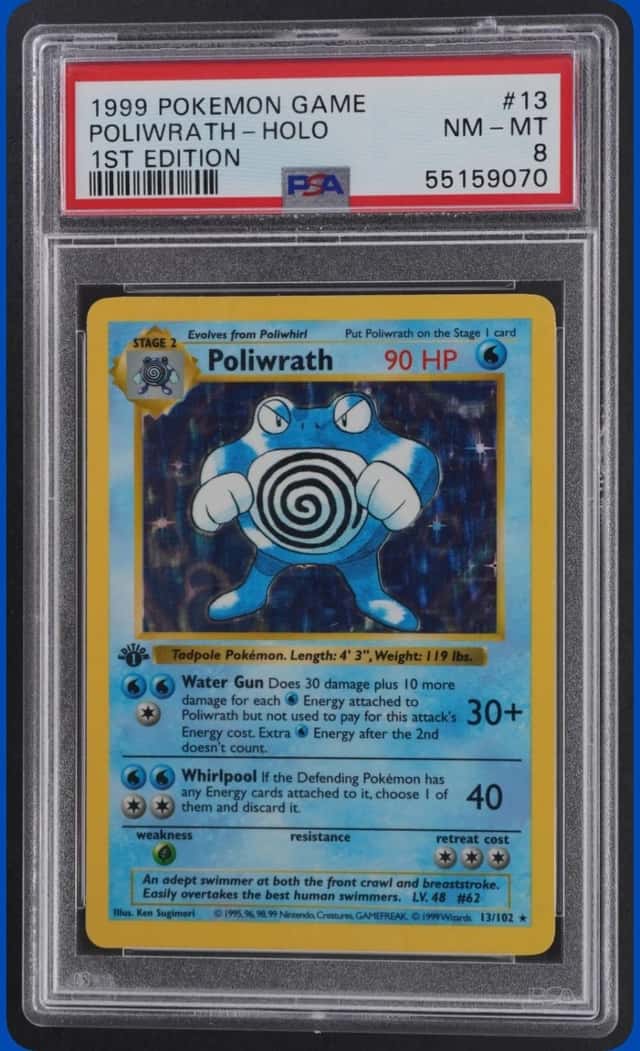 1999 POKEMON BASE SET SHADOWLESS 1ST EDITION #13/102 POLIWRATH HOLO RARE PSA 8