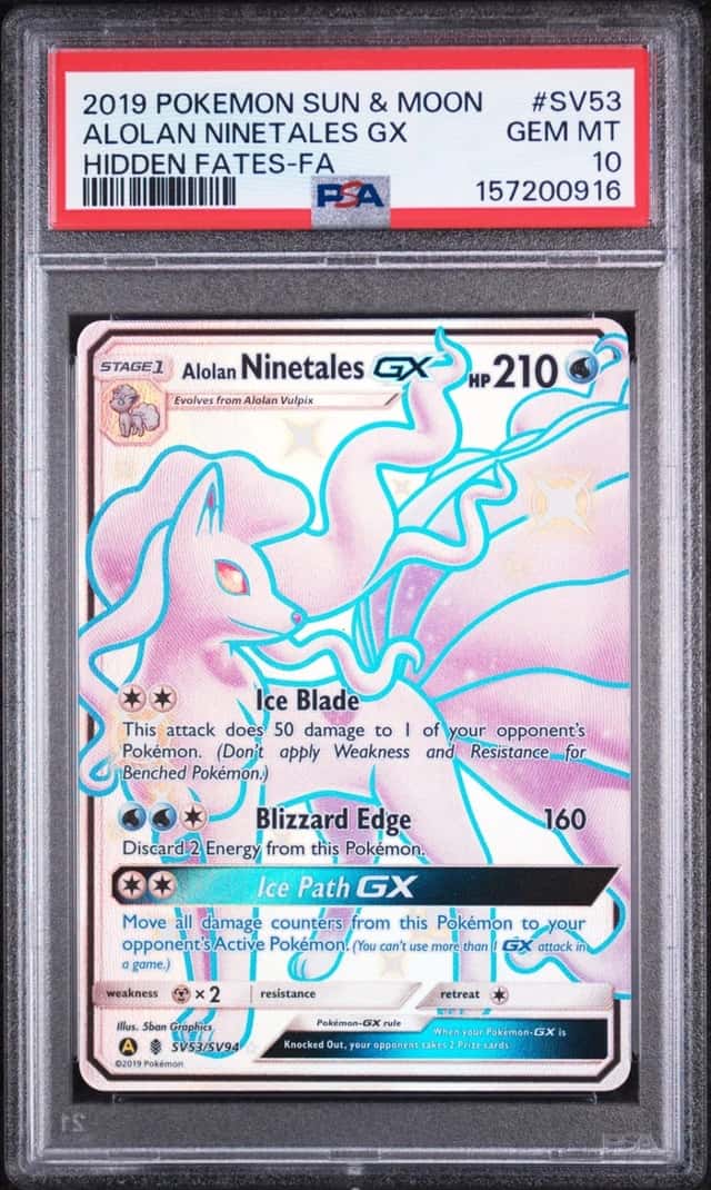 2019 POKEMON SUN & MOON HIDDEN FATES #SV53 FULL ART/ALOLAN NINETALES GX PSA 10