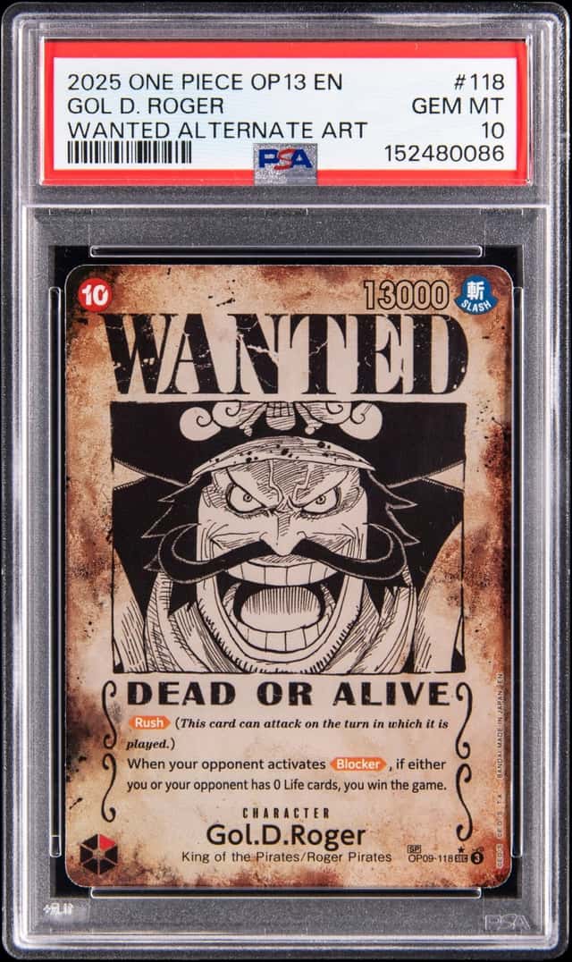 2025 One Piece OP-13 Carrying on His Will Wanted Alternate Art #OP09-118 Gol.D.Roger - PSA GEM MT 10