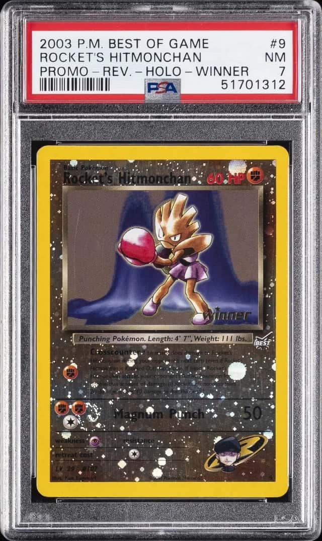 2003 POKEMON BEST OF GAME PROMO WINNER #9 ROCKET'S HITMONCHAN-REVERSE FOIL PSA 7