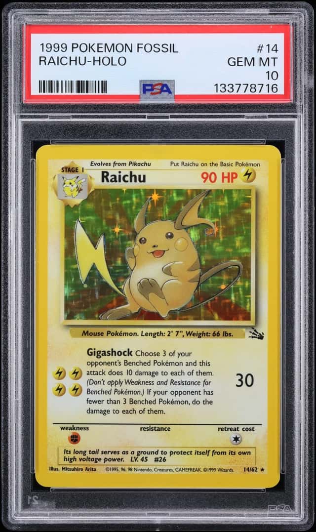 1999 Pokemon Fossil Holo Raichu #14 PSA 10 GEM MINT
