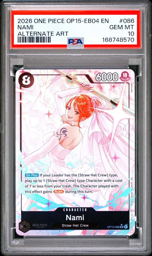 One Piece Nami Op15-Eb04-Adventure On Kami's Island 086 Alternate Art PSA 10