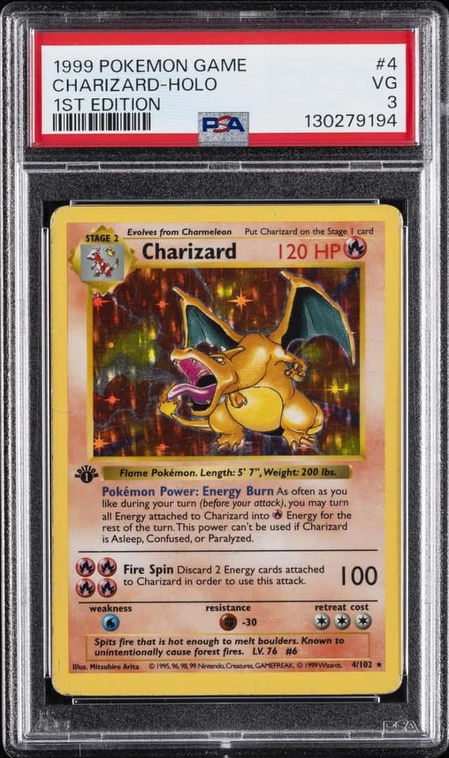 1999 POKEMON BASE SET 1ST EDITION #4 CHARIZARD-HOLO PSA 3