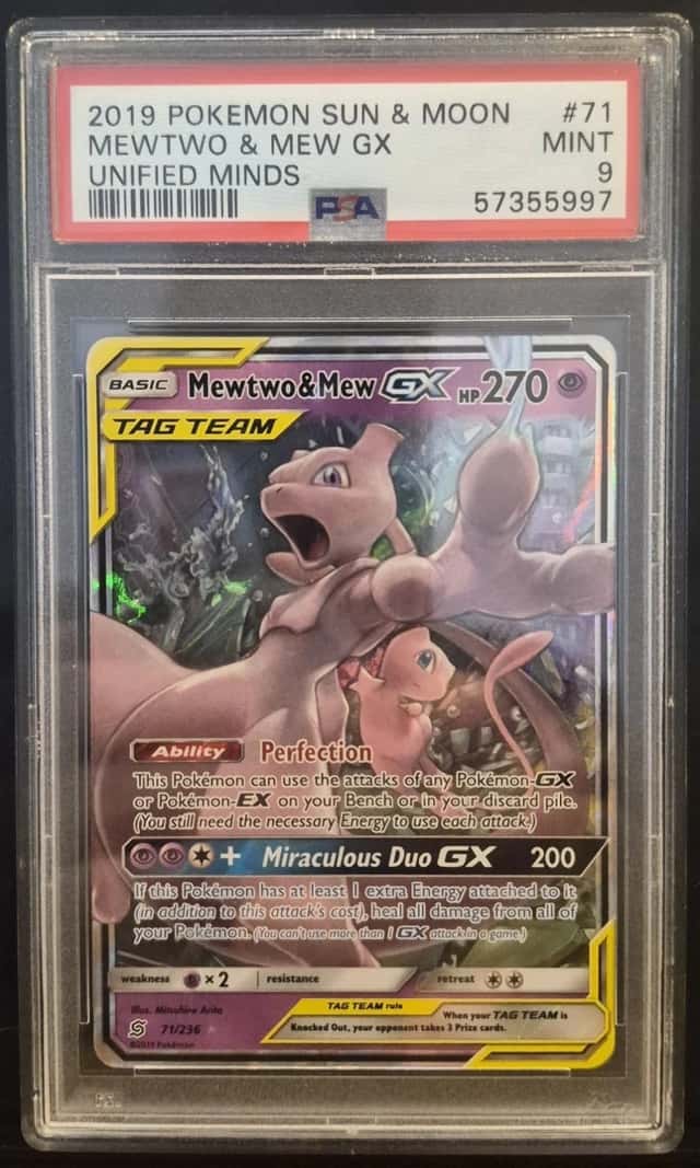 2019 Pokemon Unified Minds Mewtwo & Mew GX 71/236 Holo TAG TEAM PSA 9
