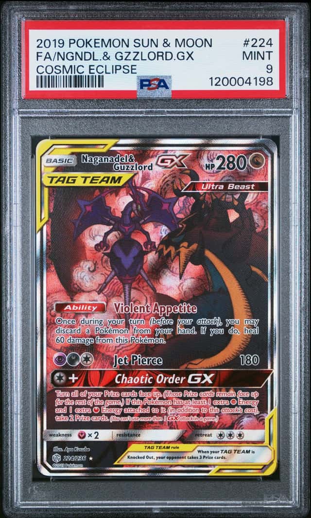 Pokemon TCG SM Cosmic Eclipse Naganadel & Guzzlord GX TAGTEAM PSA 9- Bonus Cards