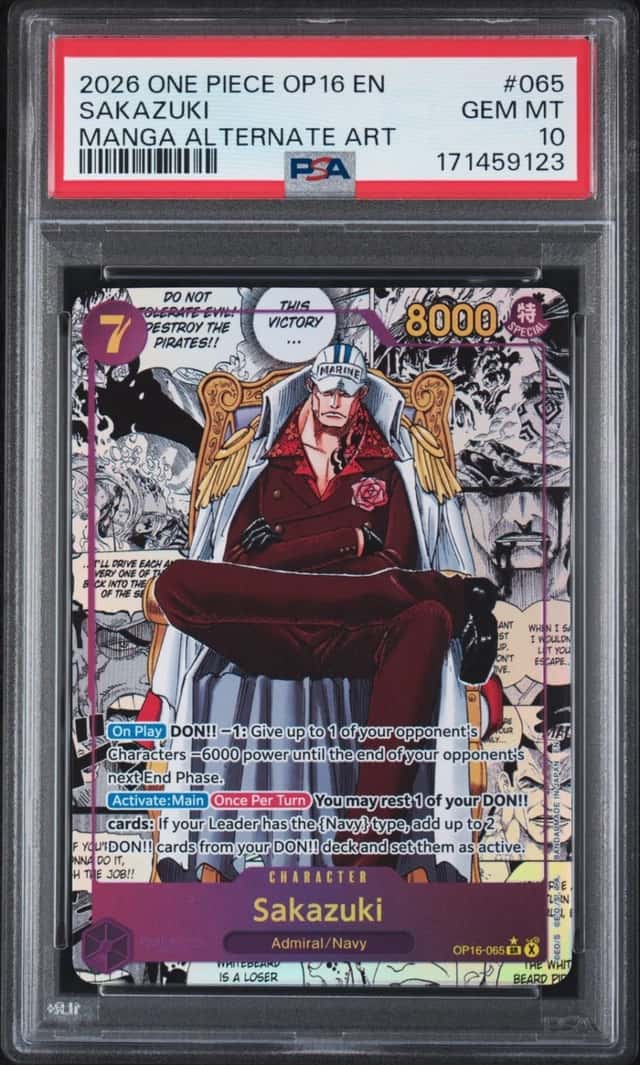 2026 ONE PIECE OP16-THE TIME OF BATTLE MANGA ALTERNATE ART #065 SAKAZUKI PSA 10