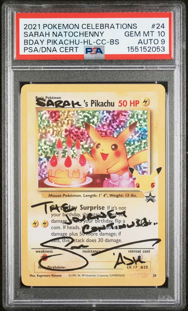 2021 Sarah Natochenny Signed Birthday Pikachu Pokemon Celebrations #24 NM PSA 10