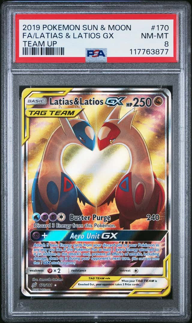 2019 POKEMON SUN & MOON TEAM UP #170 FULL ART/LATIAS & LATIOS GX PSA 8