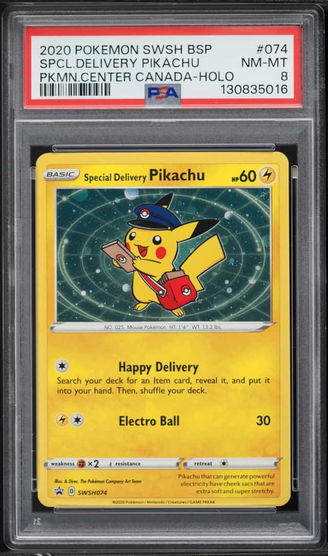 2020 Pokemon Sword & Shield Promo Center Canada Special Delivery Pikachu #74 PSA 8 NM-MT