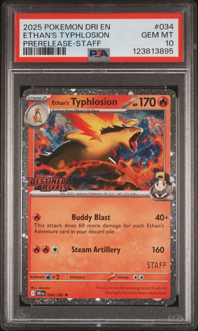 2025 POKEMON DRI EN-DESTINED RIVALS PRERELEASE-STAFF ETHAN'S TYPHLOSION PSA 10