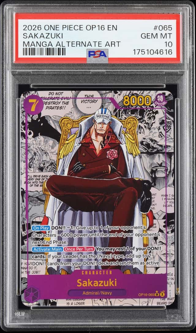 2026 One Piece English OP16-065 Sakazuki Manga Alternate Art Super Rare PSA 10