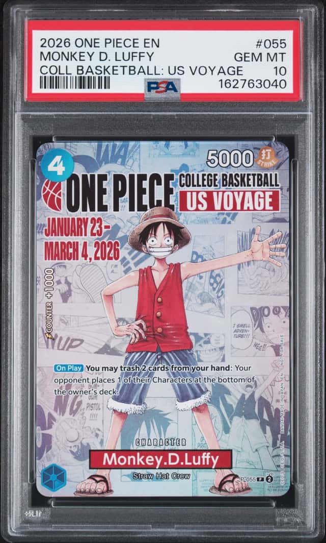 One Piece Card Game Monkey D Luffy 055 College Basketball US Voyage PSA10