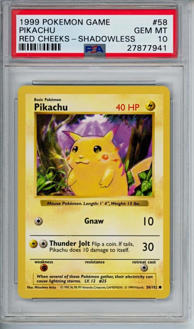 Wizards of the Coast Pokémon PSA 10 1999 Pikachu - RED CHEEKS SHADOWLESS 58/102