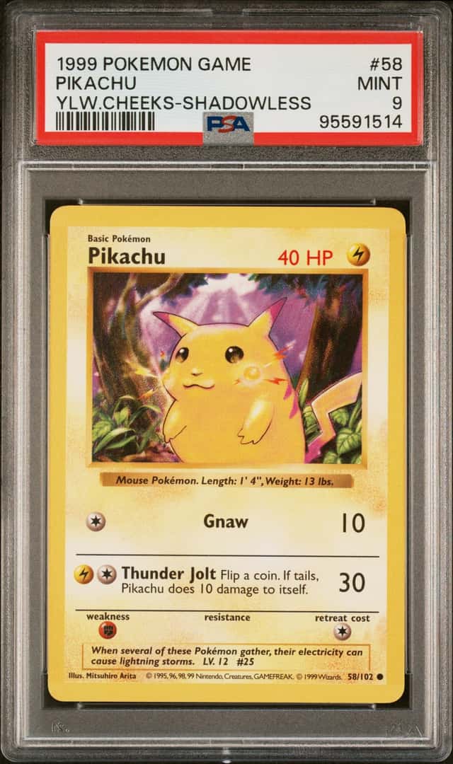 1999 Pokémon Pikachu Yellow Cheeks Shadowless PSA 9 #58