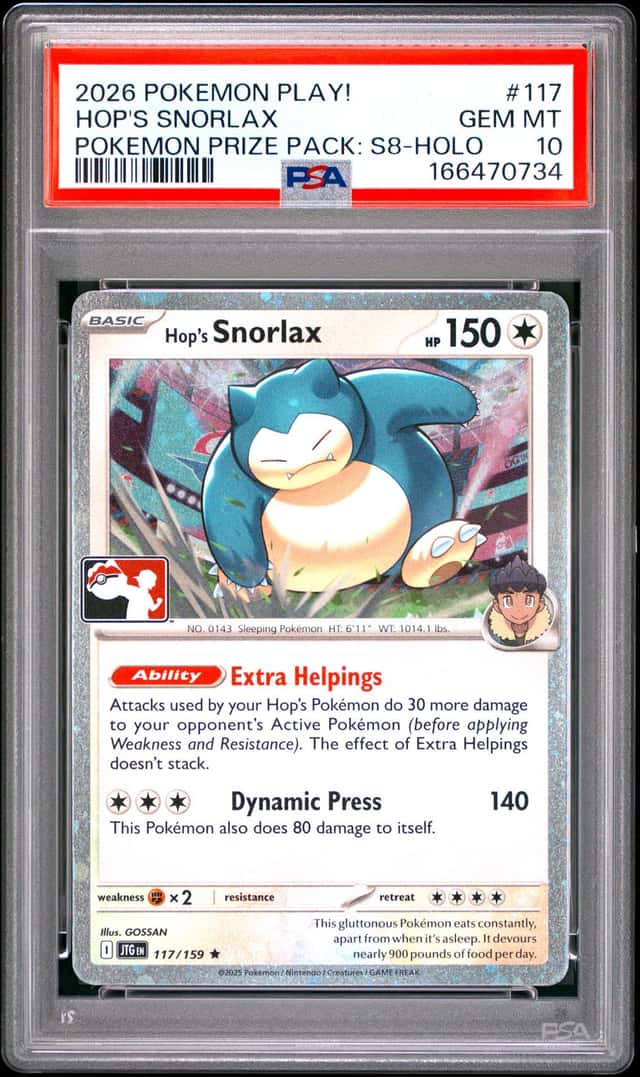 2026 POKEMON PLAY! POKEMON PRIZE PACK: SERIES 8 HOLO #117 HOP'S SNORLAX PSA 10