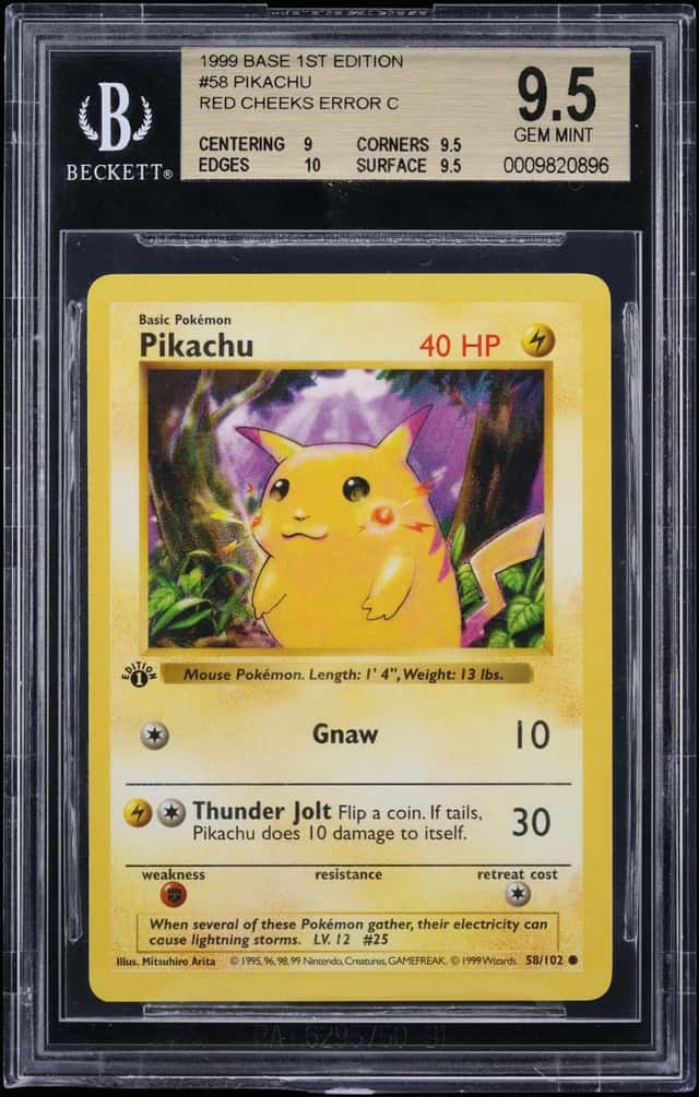 1999 Pokemon Base Set 1st Edition Red Cheeks Error Pikachu #58 BGS 9.5 GEM MINT