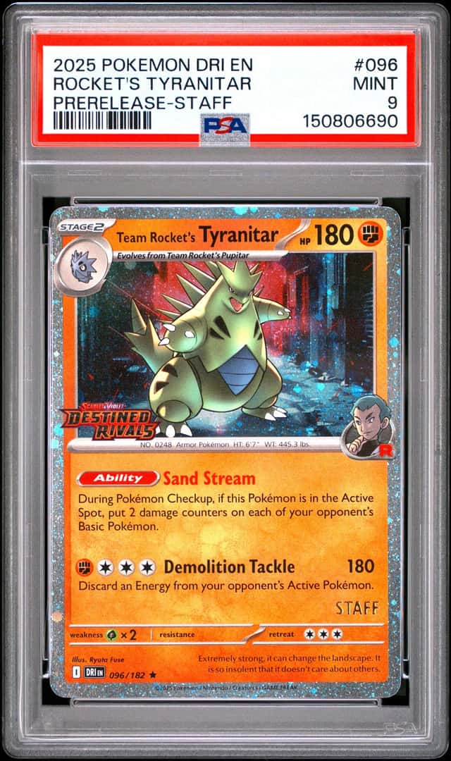 Pokémon TCG Team Rocket's Tyranitar 096/182 Prerelease Staff Holo PSA 9
