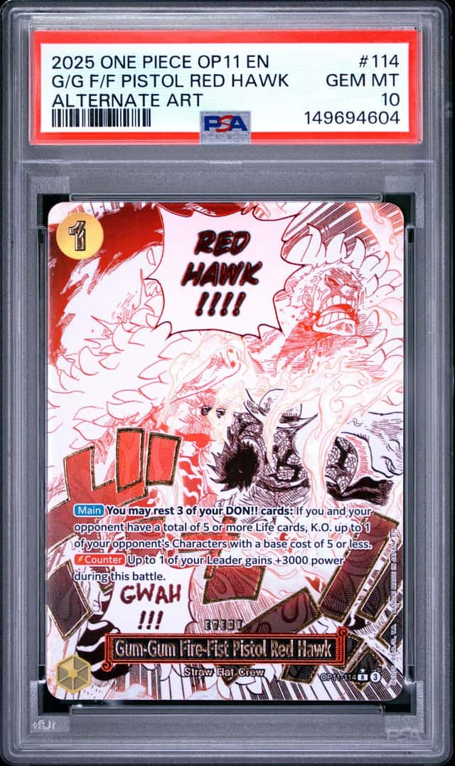 2025 One Piece Gum-Gum Fire-Fist Pistol Red Hawk Rare Alt Art #OP11-114 PSA 10