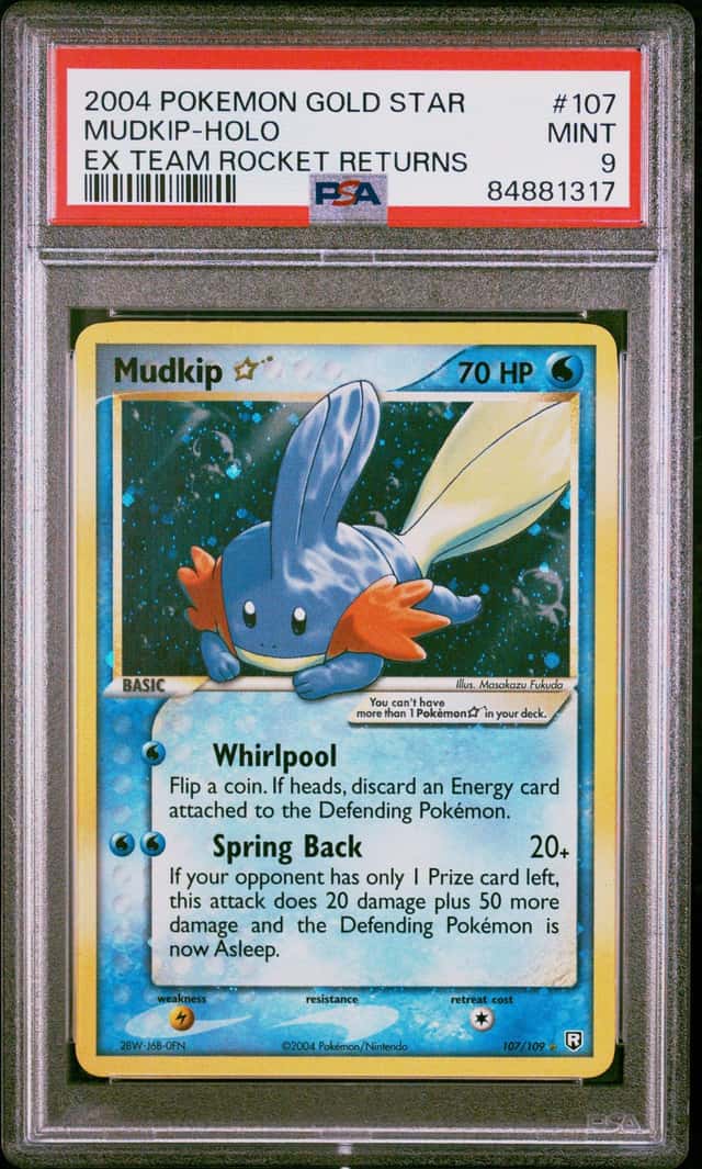 POKEMON GOLD STAR MUDKIP HOLO 2004 EX TEAM ROCKET RETURNS #107 PSA 9