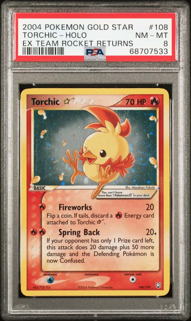 POKEMON GOLD STAR TORCHIC HOLO 2004 EX TEAM ROCKET RETURNS #108 PSA 8 *SWIRL*
