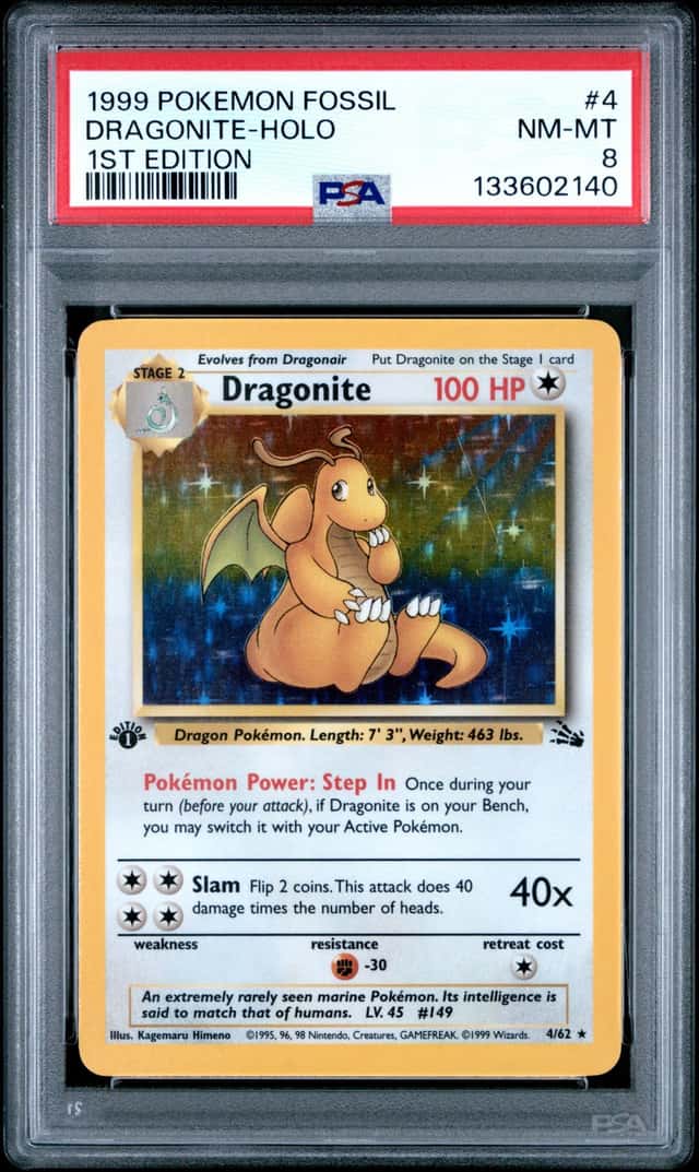 1999 Pokemon Fossil 1st Edition Dragonite #4/62 PSA 8