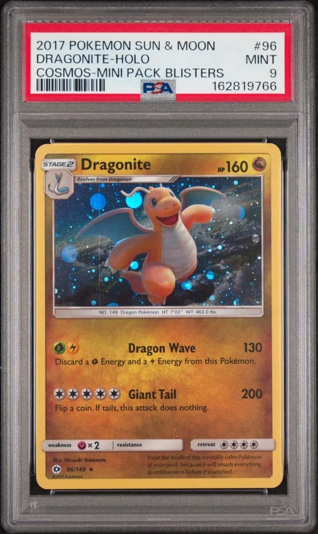 2017 POKEMON SUN & MOON COSMOS-MINI PACK BLISTERS #96 DRAGONITE-HOLO PSA 9