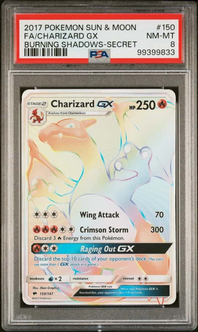 2017 POKEMON SUN & MOON BURNING SHADOWS SECRET #150 FULL ART/CHARIZARD GX PSA 8