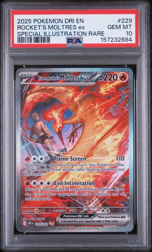 [DMG]2025 POKEMON DRI EN-DESTINED RIVALS #229 TEAM ROCKET'S MOLTRES EX PSA 10