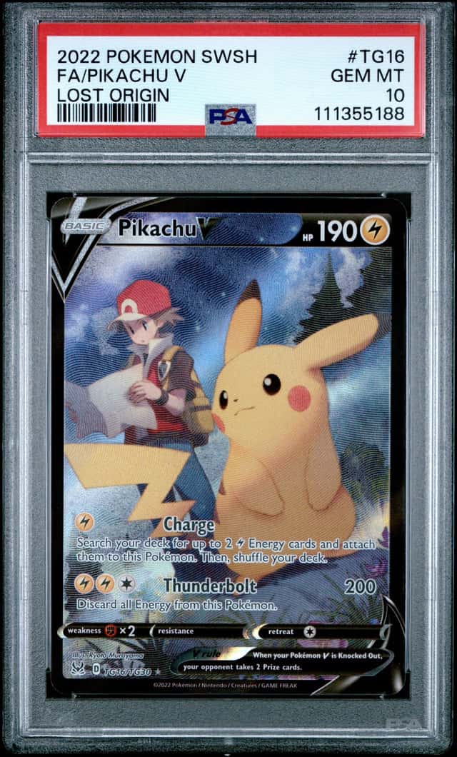 2022 POKEMON SWORD & SHIELD LOST ORIGIN #TG16 FULL ART/PIKACHU V PSA 10